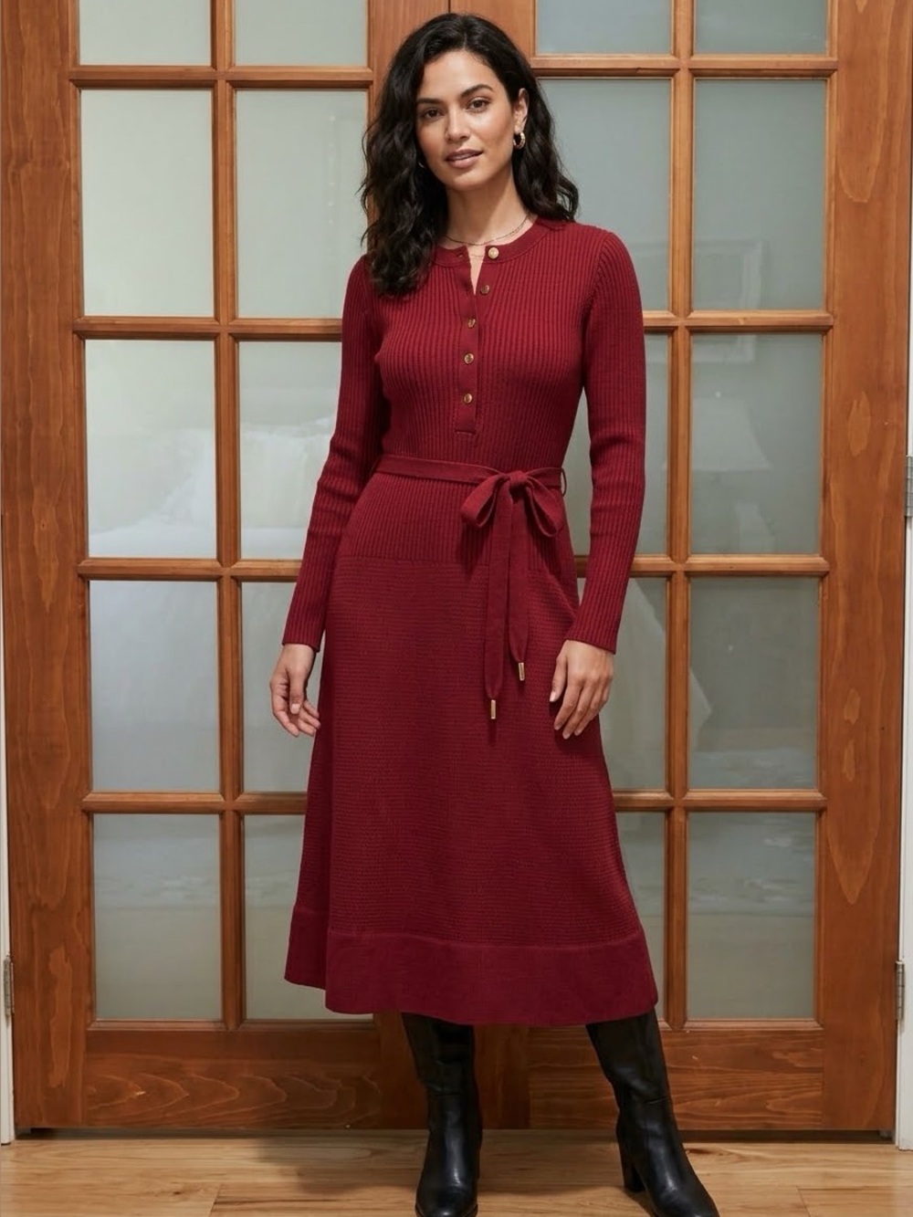 Vintage Kimberly Ribbed Long-Sleeve Belted Knit Dress in Rusty Red. (Size M)